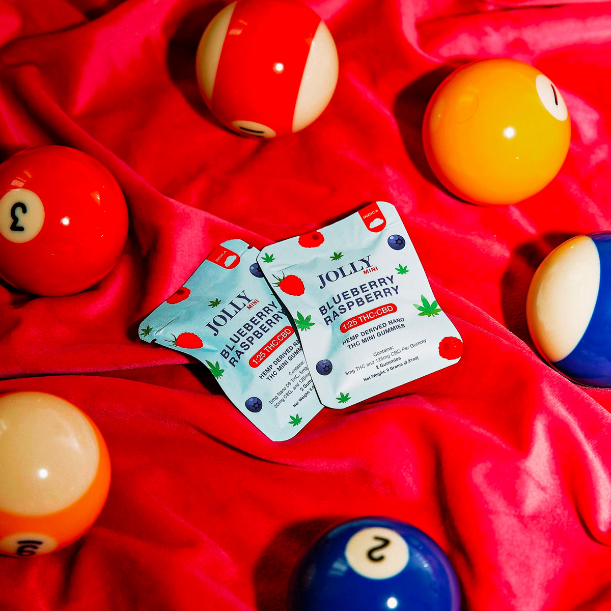 JOLLY CANNABIS BLUEBERRY RASPBERRY 5MG THC CBD GUMMIES ON A POOL TABLE